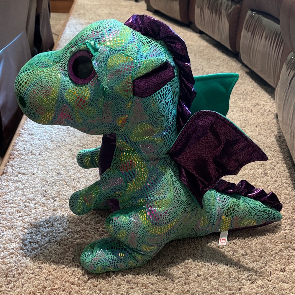 Cinder TY beany boo large Sparkly Green and Purple Plush Dinosaur Toy